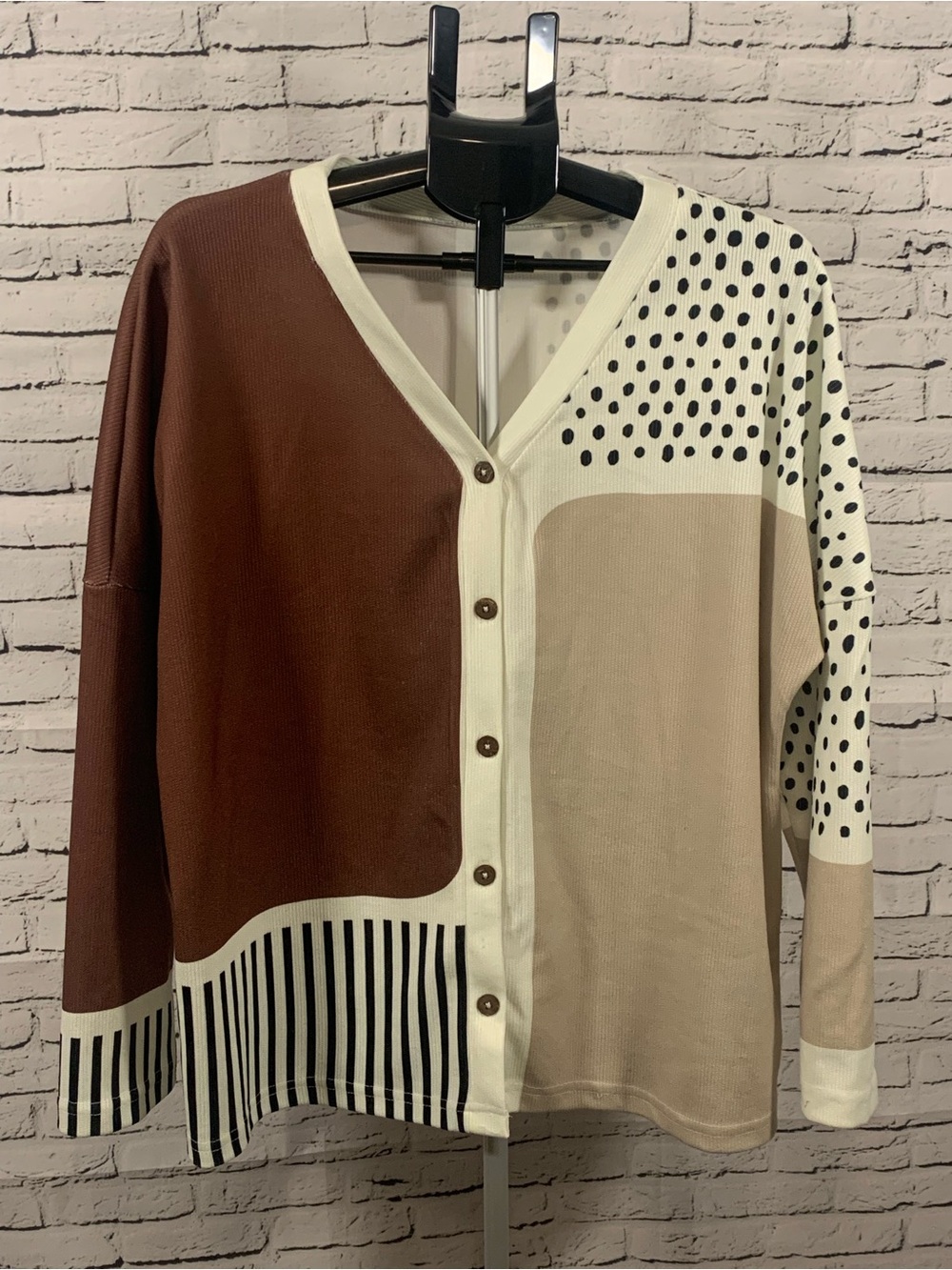 Women's Colorblock Polka & Stripe Button-Front Cardigan - Brown & Cream